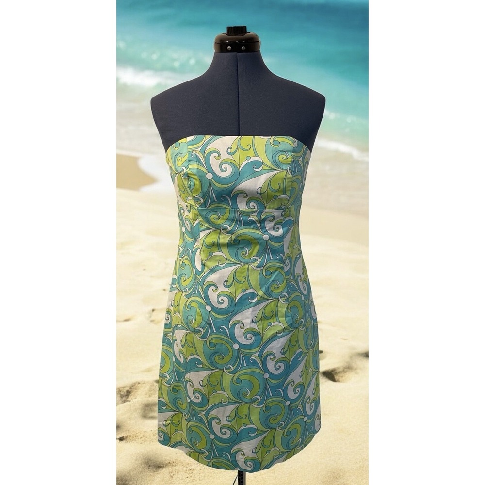 Melly M Strapless Dress Green Blue Paisley Swirl Print‎ Beachy Preppy Coastal  8
